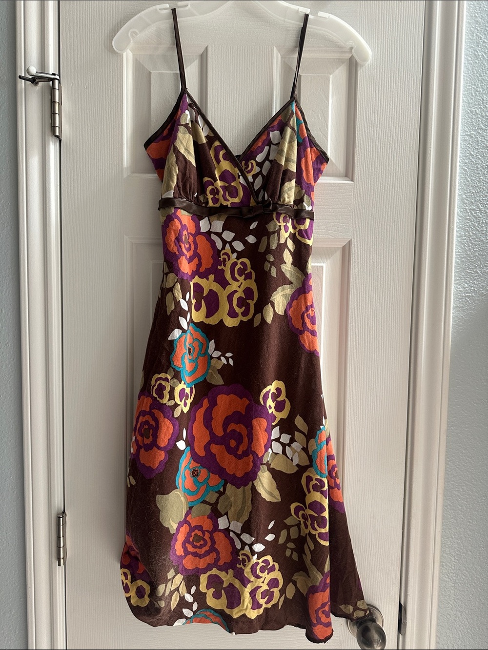 Y2K Babydoll Floral Spaghetti Strap Mini Dress Brown S? Surfer Girl Tropical